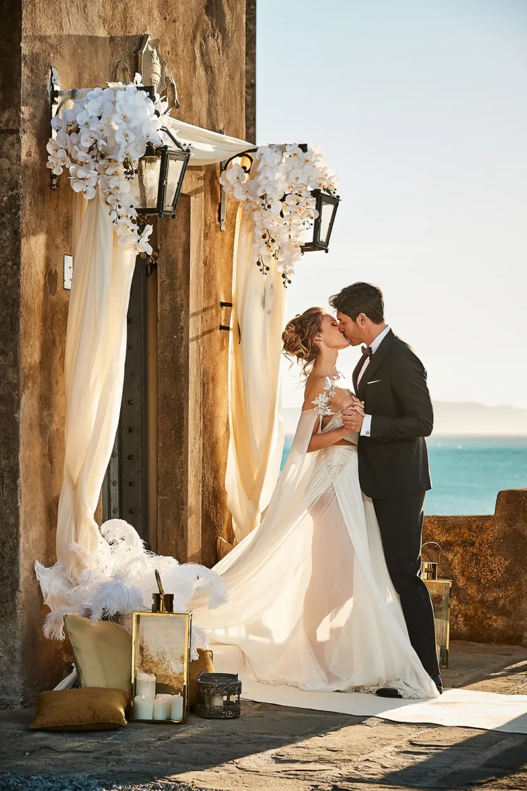 happy couple magical kiss at sunset